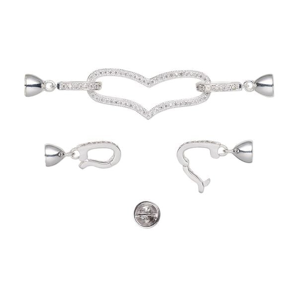 Clasp, double latch fold-over, cubic zirconia and silver-plated brass, clear, 2-3/4 x 1/2 inch heart with 5mm inside diameter. Sold individually. image number 0