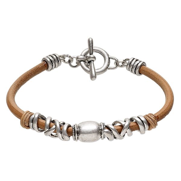 Bracelet, leather (natural) / steel / pewter (tin-based alloy), tan, 16x13mm barrel with wrapped design, 7-1/2 inches with toggle clasp. Sold individually. image number 0