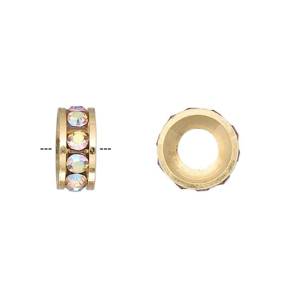 Bead, Dione®, Czech crystal and gold-finished brass, crystal AB, 12x5mm rondelle with 6mm hole. Sold per pkg of 2. image number 0