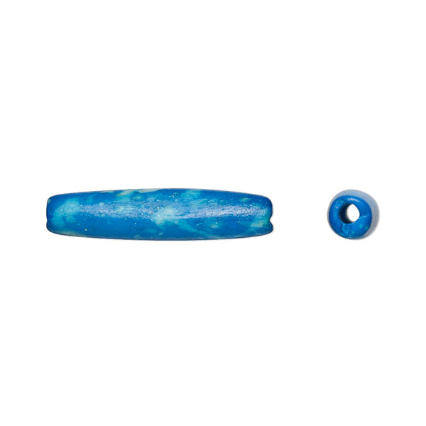Bead, bone (dyed), turquoise blue and beige, 25x6mm-25x8mm hand-cut hairpipe, Mohs hardness 2-1/2. Sold per pkg of 16. image number 0