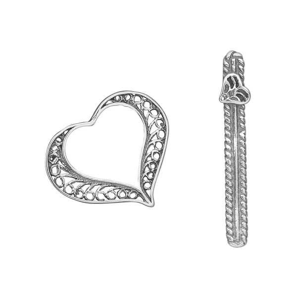 Clasp, toggle, antiqued sterling silver, 20x18mm heart with filigree pattern. Sold individually. image number 0