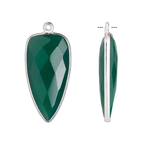 Drop, green onyx (dyed) and sterling silver, green, 27x14mm-28x15mm hand-cut double-sided faceted dagger. Sold individually. image number 0