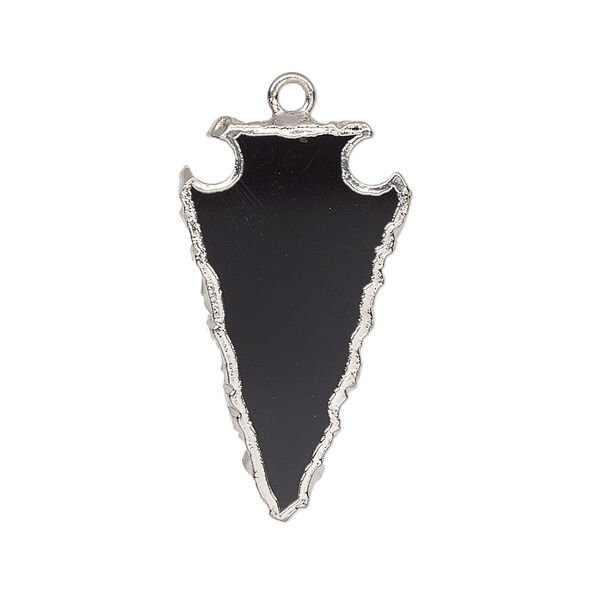 Focal, black onyx (dyed) / electroplated silver / silver-plated sterling silver, 30x15mm hand-cut arrowhead. Sold individually. image number 0