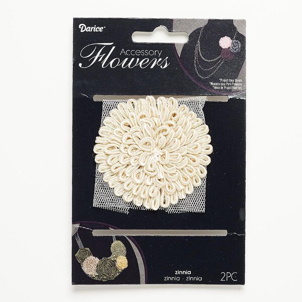 Sew-on component, fabric, ivory, 66-68mm zinnia flower. Sold per pkg of 2. image number 0