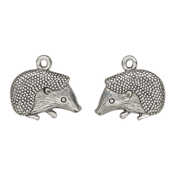 Charm, antiqued pewter (tin-based alloy), 18.5x12.5mm double-sided hedgehog. Sold per pkg of 2. image number 0