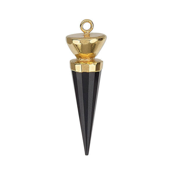 Focal, black onyx (dyed) / electroplated gold / gold-plated sterling silver, 30x9.5mm-31x10mm hand-cut faceted point. Sold individually. image number 0