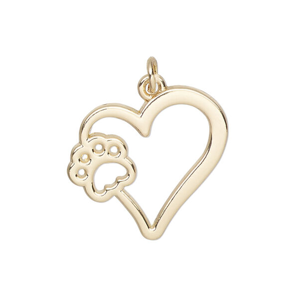 Charm, gold-finished "pewter" (zinc-based alloy) and steel, 24x22mm single-sided heart with paw cutout design. Sold per pkg of 4. image number 0