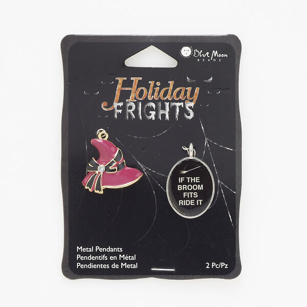 Charm and drop mix, glass rhinestone / gold- / silver-finished "pewter" (zinc-based alloy), multicolored, 24x19mm single-sided oval with "IF THE BROOM FITS RIDE IT" and 24x22mm witch hat. Sold per pkg of 2. image number 0