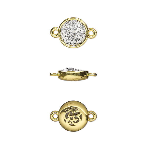 Link, Druzylite™, "druzy" (resin) and gold-finished brass, silver, 9.5mm two-sided round with open filigree back. Sold per pkg of 4. image number 0