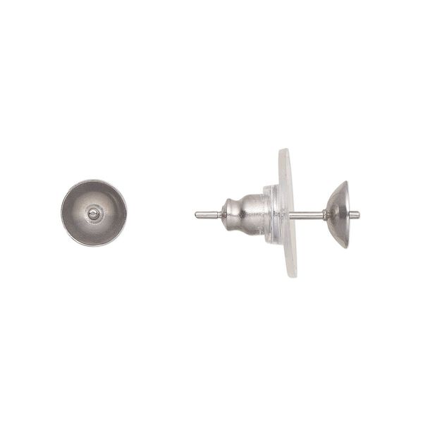 Earstud 1pkg20, 6mm cup / 2mm peg / 8-10mm round half-drilled setting / comfort clutch, stainless steel / acrylic / rubber clear 10 pair image number 0