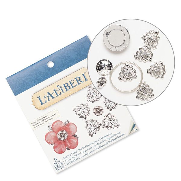 Pendant and brooch kit, Laliberi™, antiqued silver-finished steel and "pewter" (zinc-based alloy), flower. Sold per kit. image number 0