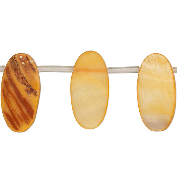 Bead, mother-of-pearl shell (dyed), orange, 19x7mm-20x10mm top-drilled flat oval, Mohs hardness 3-1/2. Sold per 14-inch strand, approximately 20 beads. image number 0