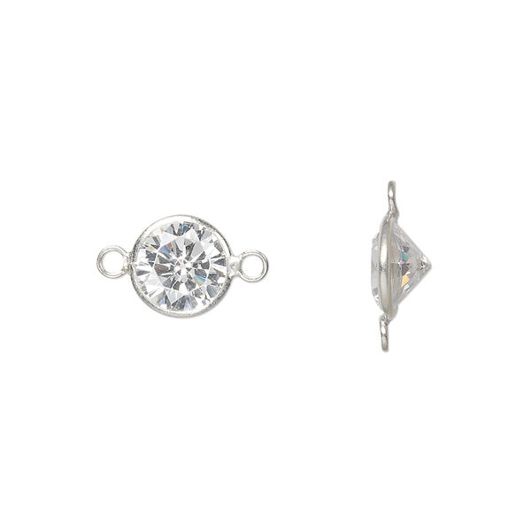 Link, cubic zirconia and sterling silver, clear, 9mm faceted round. Sold per pkg of 2. image number 0
