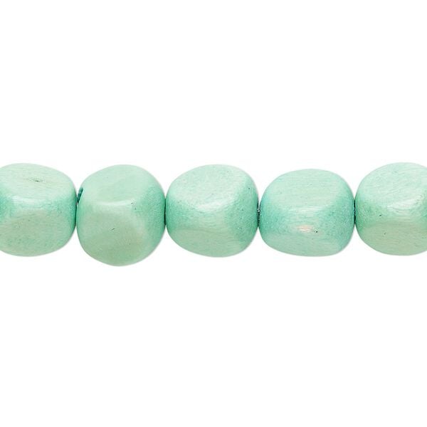 Bead, wood (dyed / waxed), turquoise green, 10mm rounded triangle. Sold per 15-1/2" to 16" strand. image number 0