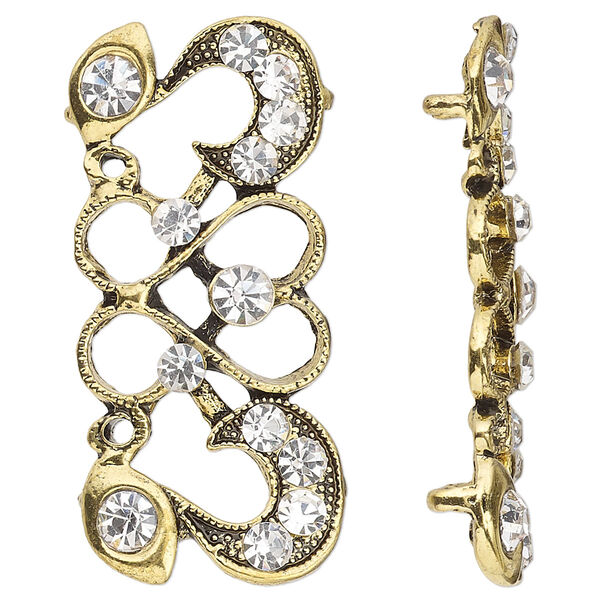 Spacer, antique gold-finished "pewter" (zinc-based alloy) and Czech glass rhinestone, clear, 40x19mm 2-strand fancy rectangle. Sold per pkg of 4. image number 0