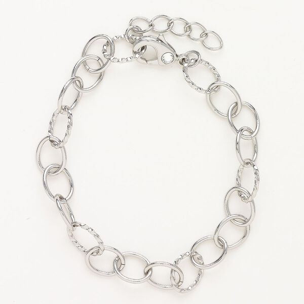 Bracelet, "pewter" (zinc-based alloy) and glass, pkg/1, 7-1/2 inches with lobster claw clasp, 8mm oval and twisted oval, silver finish and clear. image number 0