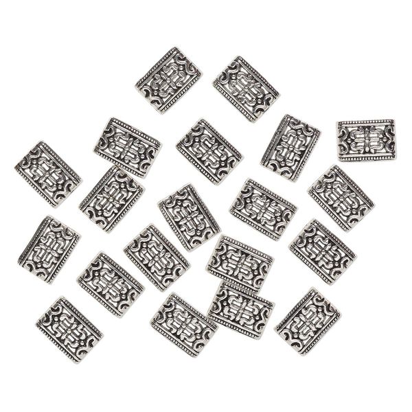 Bead, spacer, "pewter" (zinc-based alloy), pkg/20, 16x12mm-16x13mm 5-strand textured rectangle, antique silver finish, fits up to 2mm beads. image number 0