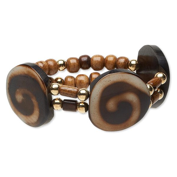 Bracelet, stretch, resin and gold-coated plastic, brown / dark brown / cream, 31mm flat round with swirl design, 7 inches. Sold individually. image number 0