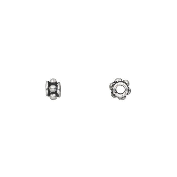 Bead, antique silver-plated white brass, 5x4mm fancy rondelle with beaded accents. Sold per pkg of 25. image number 0