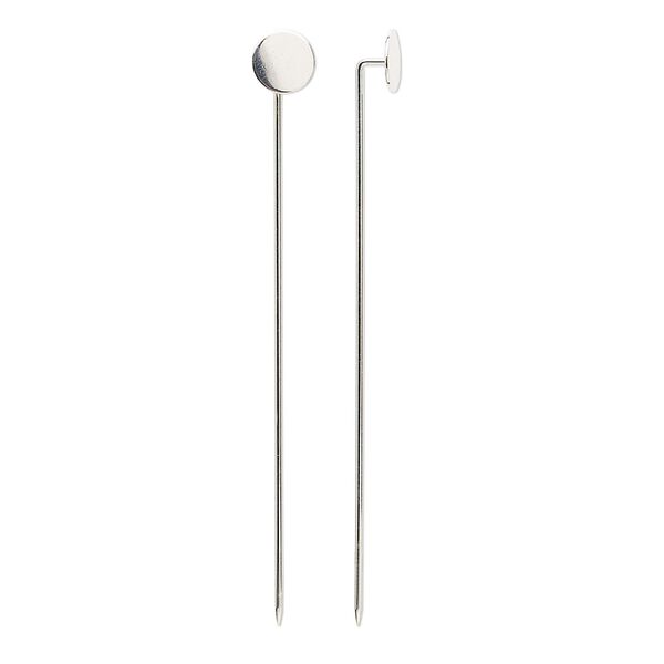 Stick pin, silver-finished brass, 2-3/4 inches with 8mm round flat pad, 18 gauge. Sold per pkg of 10. image number 0