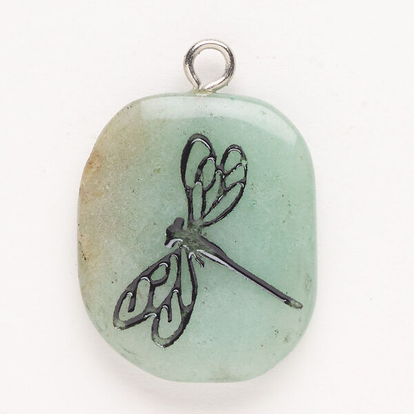 Focal, steel/green aventurine (natural)/enamel, pkg/1, silver finish and black, 30x24mm-39x27mm single-sided puffed freeform with dragonfly, B grade. image number 0
