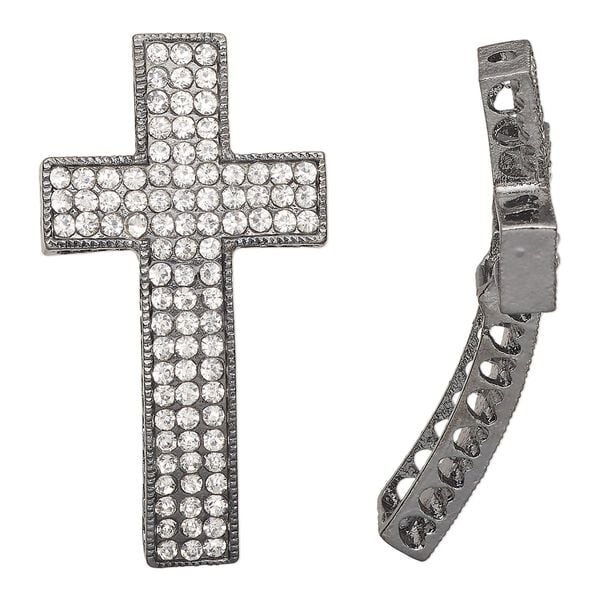 Focal, gunmetal-finished "pewter" (zinc-based alloy) and glass, clear, 48x26mm curved cross with (11) cutout hearts. Sold individually. image number 0