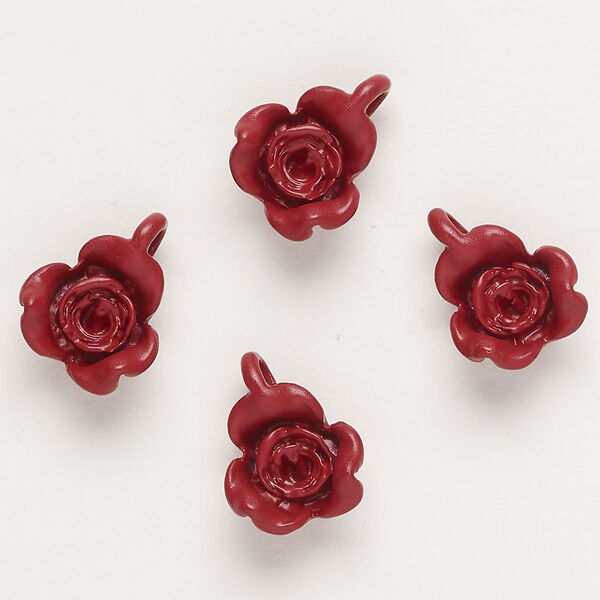 Charm, "pewter" (zinc-based alloy) and enamel, dark red, 17x13mm flower. Sold per pkg of 4. image number 0