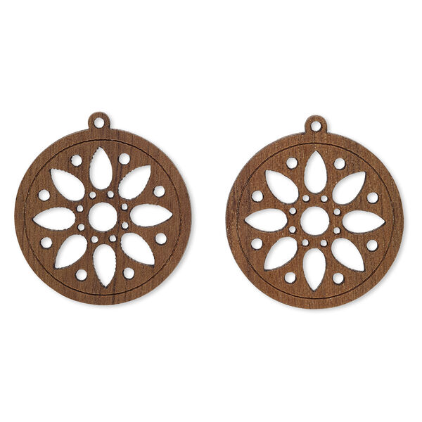 Drop, wood (natural), 25mm double-sided flat round with cutout flower design. Sold per pkg of 2. image number 0
