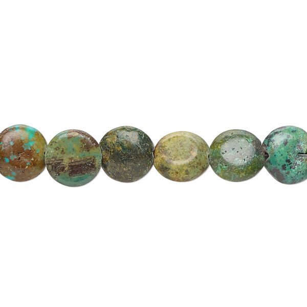 Bead, turquoise (dyed / stabilized), green-brown, 8-9mm puffed flat round with 0.8-1.1mm hole, C- grade, Mohs hardness 5 to 6. Sold per 15-inch strand. image number 0