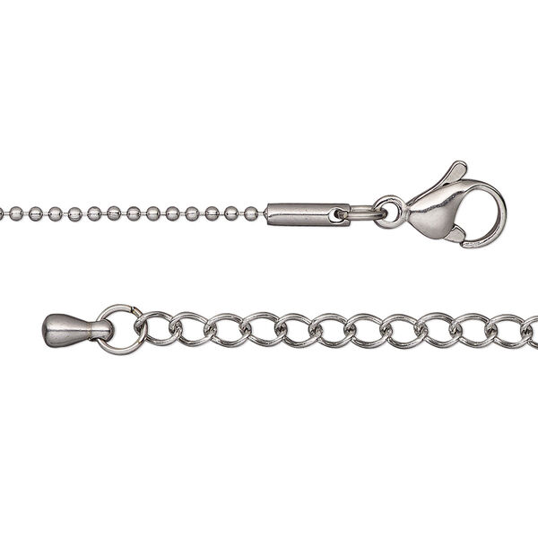 Chain, stainless steel, 1.2mm ball, 18 inches with 2-inch extender chain and lobster claw clasp. Sold individually. image number 0