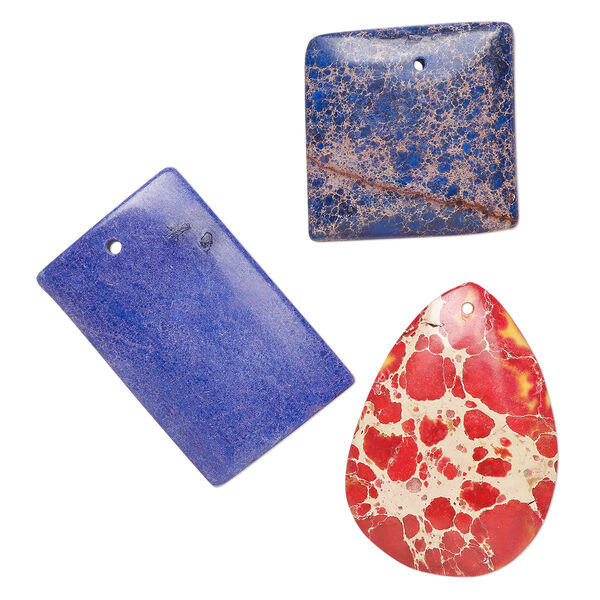Focal mix, magnesite (dyed / stabilized), mixed colors, 30x15mm-56x38mm mixed shapes, Mohs hardness 3-1/2 to 4. Sold per pkg of 3. image number 0