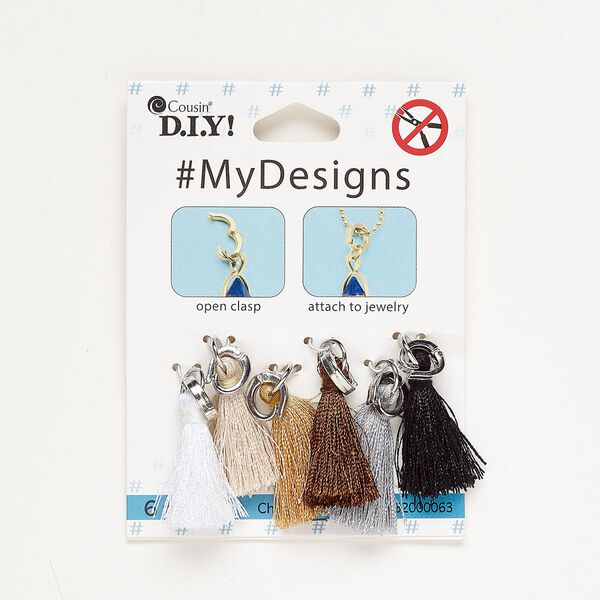 Tassel assortment, silver-finished steel and nylon, mixed neutrals, 1 inch with fold-over clasp. Sold per pkg of 6. image number 0
