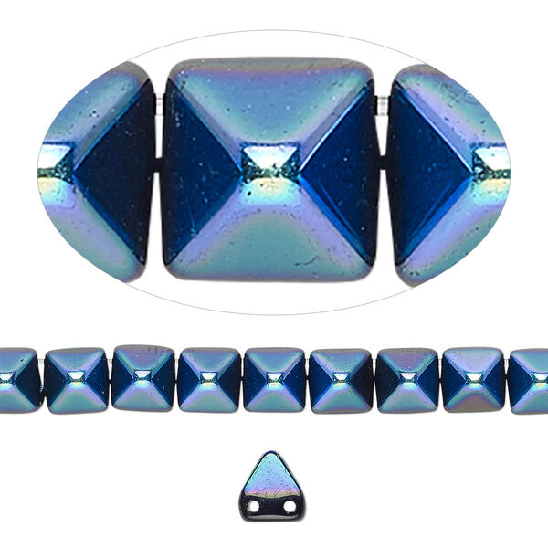 Spacer, Preciosa, Czech pressed glass, jet AB, 6x6x7mm 2-strand pyramid, fits up to 3mm bead. Sold per 8-inch strand, approximately 30 spacers. image number 0