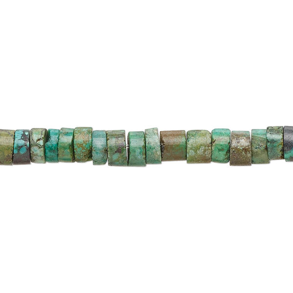 Bead, turquoise (dyed / stabilized), green-brown, 5x1mm-6x4mm heishi with 0.8-1.1mm hole, C- grade, Mohs hardness 5 to 6. Sold per 15-inch strand. image number 0
