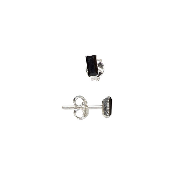 Ear stud, sterling silver and glass, jet, 5x3mm rectangle. Sold per pair. image number 0