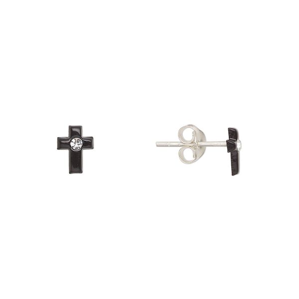 Earstud, Create Compliments®, sterling silver and crystal, black and clear, 7x5mm cross. Sold per pair. image number 0