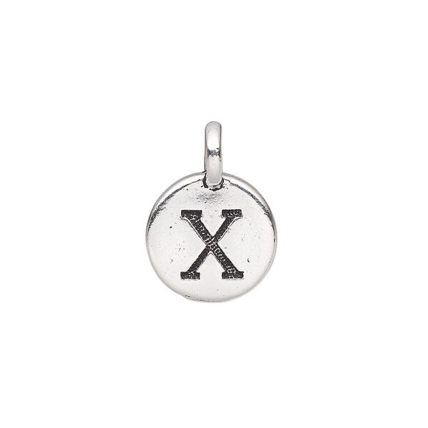Drop, TierraCast®, antique silver-plated pewter (tin-based alloy), 11.5mm single-sided round with textured alphabet letter "X." Sold per pkg of 2. image number 0