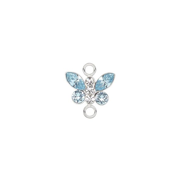 Link, crystals and sterling silver, crystal clear/aquamarine, 12x8mm butterfly. Sold individually. image number 0