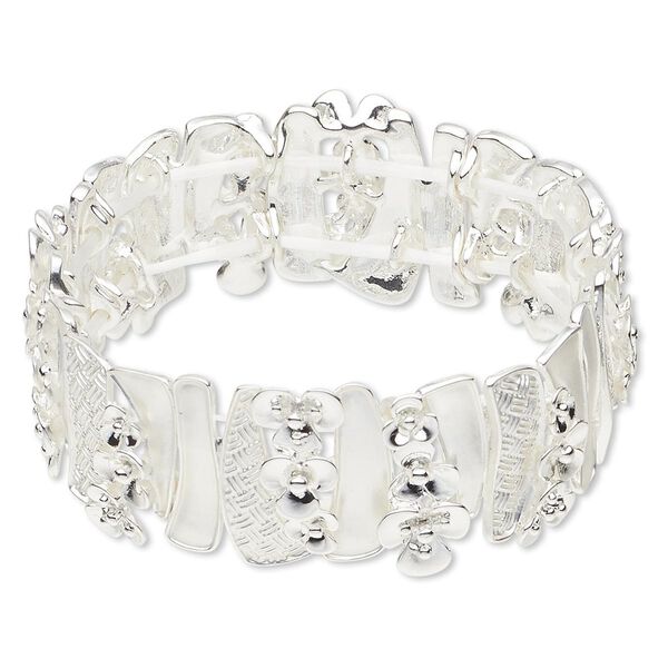 Bracelet, stretch, silver-finished "pewter" (zinc-based alloy), 22mm wide with rectangle and flower design, 6 inches. Sold individually. image number 0
