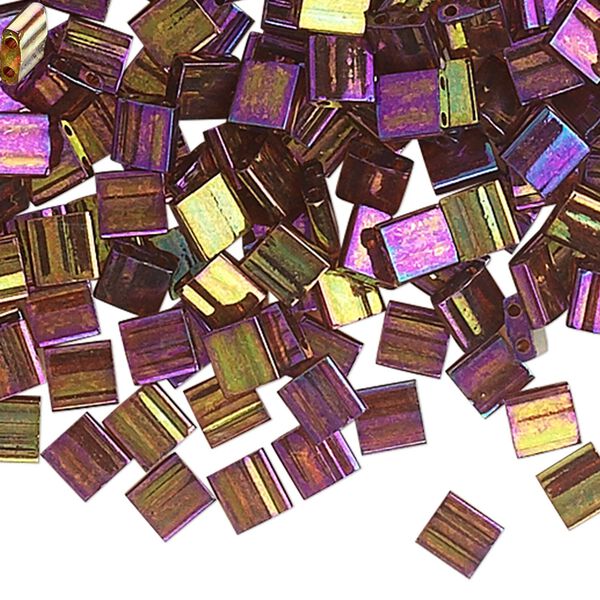 Seed bead, TILA®, glass, pkg/250g, 5mm full tila square, translucent rainbow gold luster dark topaz, (TL-301). image number 0