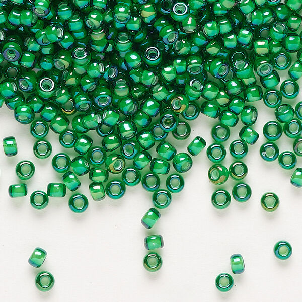 Seed bead, Miyuki, glass, pkg/50g, #8 rocaille, translucent white-lined luster green, (RR-3763). image number 0