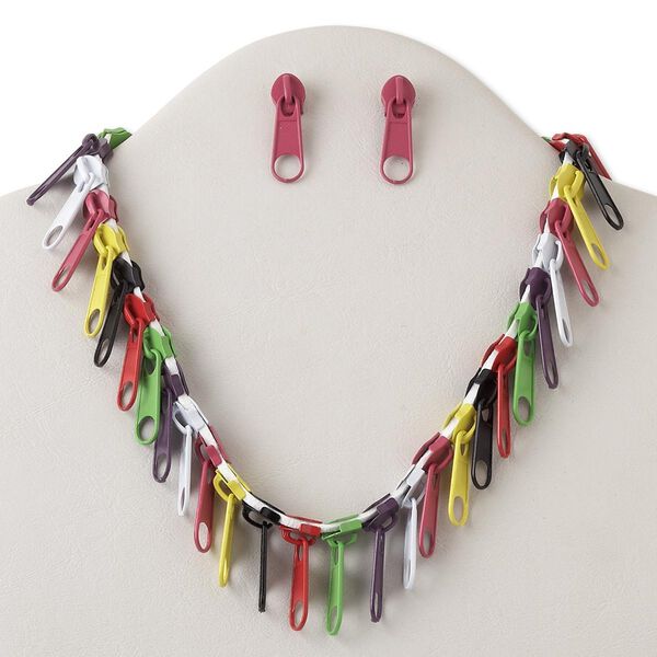 Necklace and earring set, gold-finished brass and steel / "pewter" (zinc-based alloy) / faux suede, multicolored, 31x10mm zipper pull, 18 inches with lobster claw clasp and 3-inch extender chain, 1-1/4 inch zipper pull earring with post. Sold per set. image number 0
