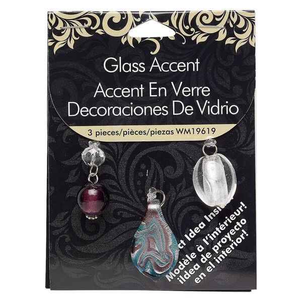 Focal and drop, glass / lampworked glass / silver-finished "pewter" (zinc-based alloy), multicolored with silver-colored foil, 19x13mm-21x14mm oval / 23x11mm / 29x16mm-30x37mm spoon. Sold per pkg of 3. image number 0