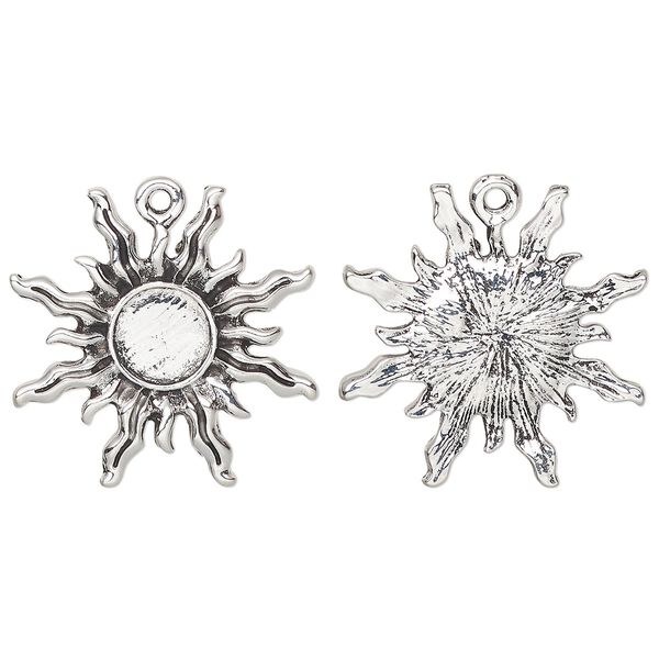 Drop, glue-in, antique silver-finished "pewter" (zinc-based alloy), 27mm single-sided sun with 8mm round setting. Sold per pkg of 4. image number 0