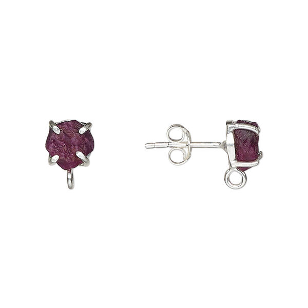 Ear stud, sterling silver and ruby (dyed), 5-7mm rough nugget with closed loop. Sold individually. image number 0