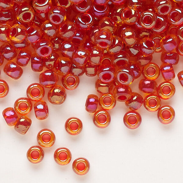 Seed bead, Miyuki, glass, pkg/25g, #6 rocaille, translucent scarlet-lined luster crystal clear (RR-3528). image number 0