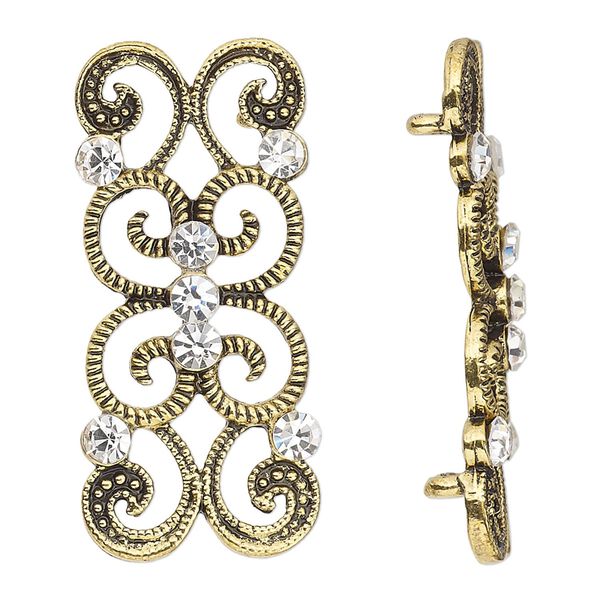 Spacer, antique gold-finished "pewter" (zinc-based alloy) and Czech glass rhinestone, clear, 37x16mm 2-strand fancy rectangle. Sold per pkg of 4. image number 0