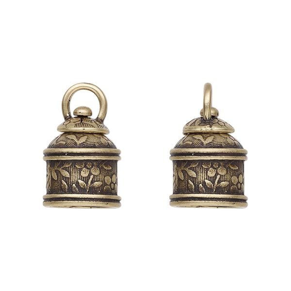 Cord end, JBB Findings, antiqued brass, 15x12mm tube with swivel and flower and leaves design, 9.5mm inside diameter. Sold per pkg of 2. image number 0