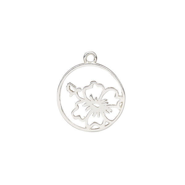 Charm, Amoracast®, sterling silver, 14mm double-sided open round with hibiscus flower. Sold individually. image number 0