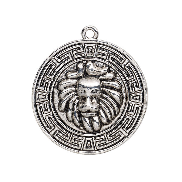 Focal, antique silver-finished "pewter" (zinc-based alloy), 30mm single-sided round with lion and geometric design. Sold per pkg of 2. image number 0